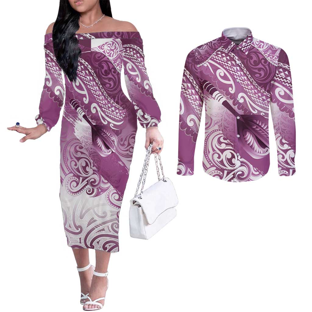 Personalised New Zealand Aotearoa Darts Masters Couples Matching Off The Shoulder Long Sleeve Dress and Long Sleeve Button Shirt Maori Art Tattoo with Tribal Dart Symbol Pink - Polynesian Pride
