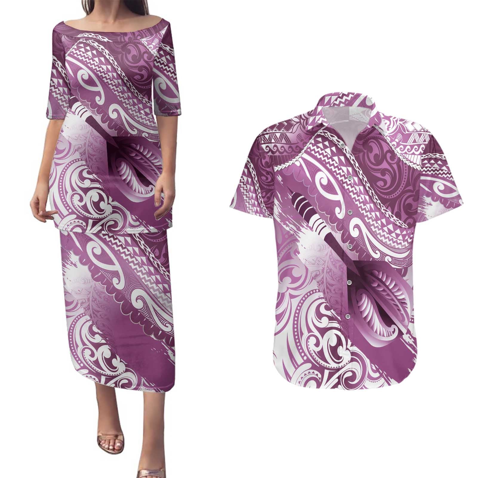 Personalised New Zealand Aotearoa Darts Masters Couples Matching Puletasi and Hawaiian Shirt Maori Art Tattoo with Tribal Dart Symbol Pink - Polynesian Pride