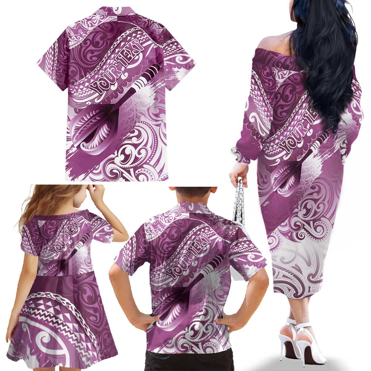 Personalised New Zealand Aotearoa Darts Masters Family Matching Off The Shoulder Long Sleeve Dress and Hawaiian Shirt Maori Art Tattoo with Tribal Dart Symbol Pink - Polynesian Pride