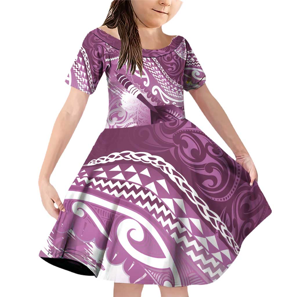 Personalised New Zealand Aotearoa Darts Masters Family Matching Off Shoulder Short Dress and Hawaiian Shirt Maori Art Tattoo with Tribal Dart Symbol Pink - Polynesian Pride