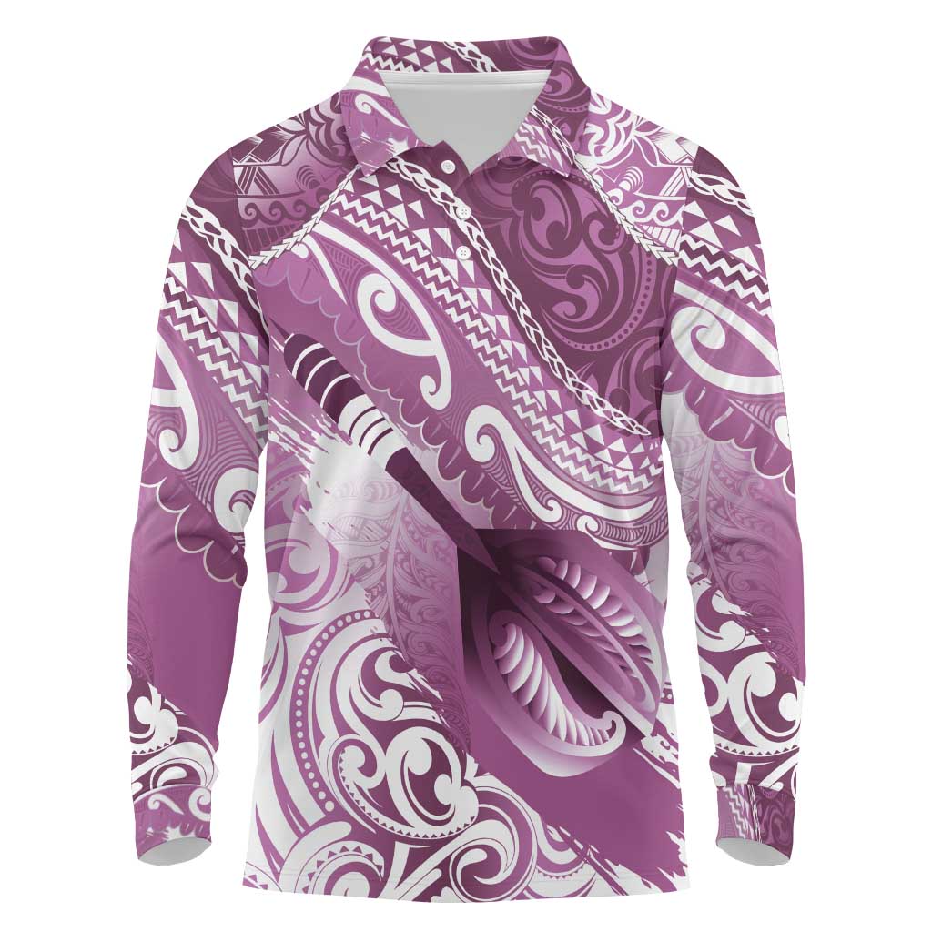 Personalised New Zealand Aotearoa Darts Masters Long Sleeve Polo Shirt Maori Art Tattoo with Tribal Dart Symbol Pink - Polynesian Pride