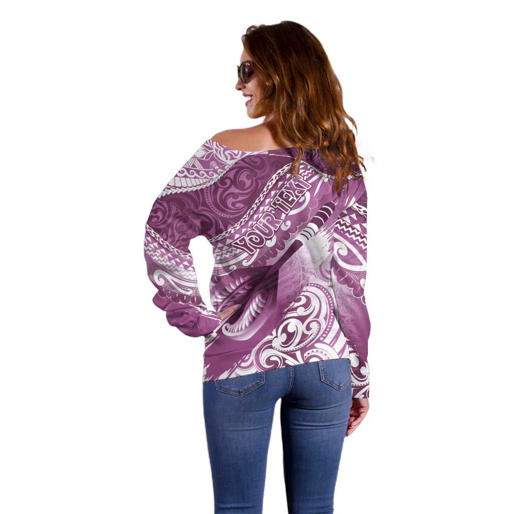 Personalised New Zealand Aotearoa Darts Masters Off Shoulder Sweater Maori Art Tattoo with Tribal Dart Symbol Pink - Polynesian Pride