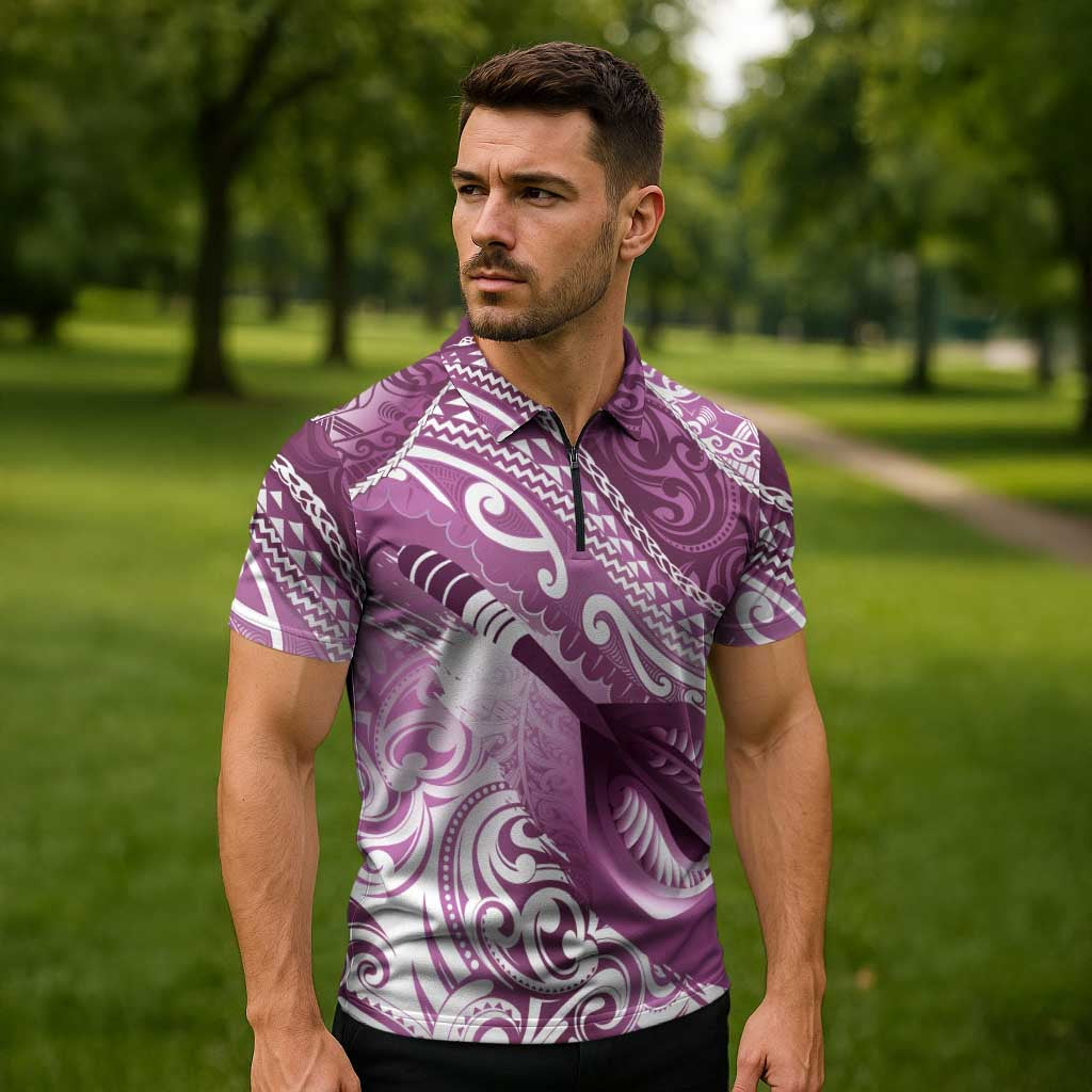 Personalised New Zealand Aotearoa Darts Masters Zipper Polo Shirt Maori Art Tattoo with Tribal Dart Symbol Pink - Polynesian Pride