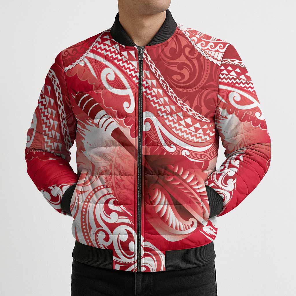 Personalised New Zealand Aotearoa Darts Masters Bomber Puffer Jacket Maori Art Tattoo with Tribal Dart Symbol Red - Polynesian Pride