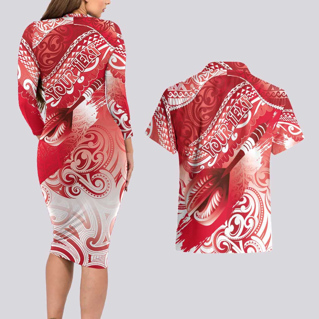 Personalised New Zealand Aotearoa Darts Masters Couples Matching Long Sleeve Bodycon Dress and Hawaiian Shirt Maori Art Tattoo with Tribal Dart Symbol Red - Polynesian Pride