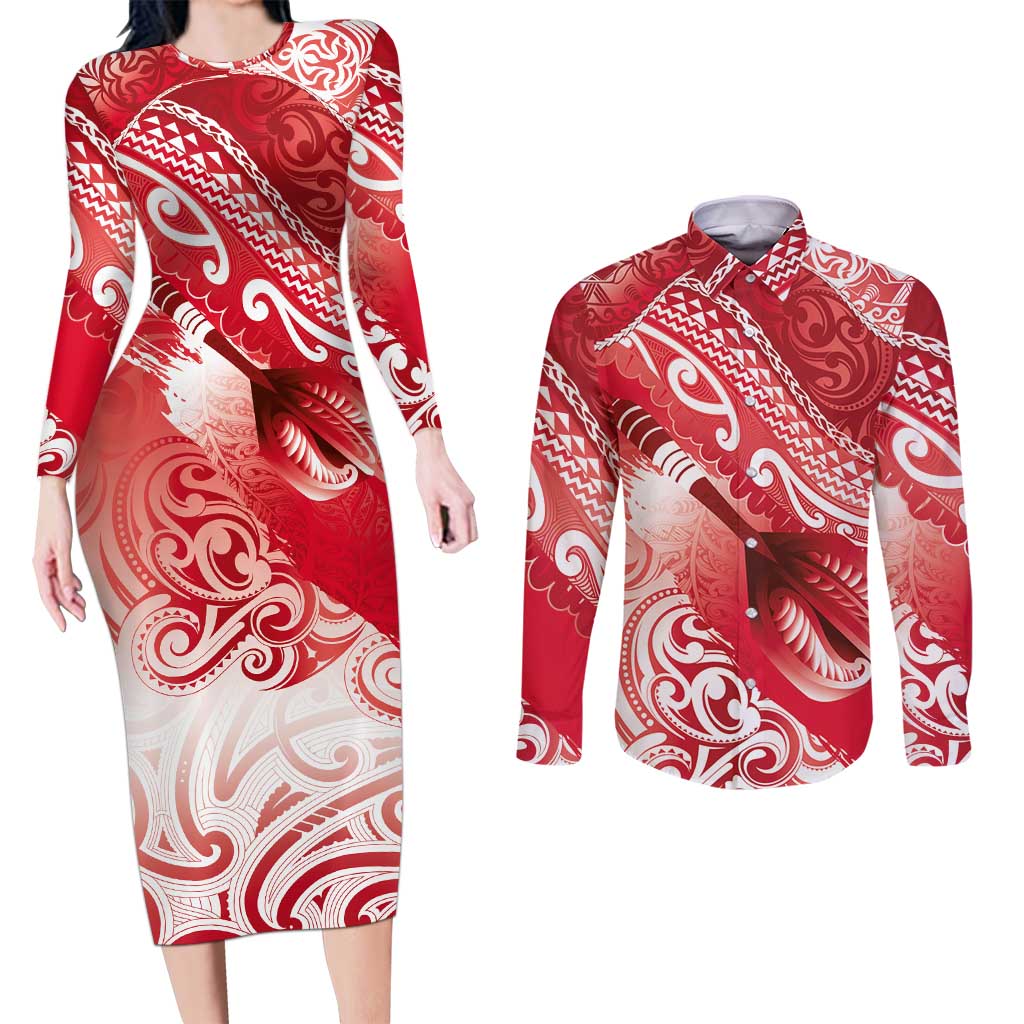 Personalised New Zealand Aotearoa Darts Masters Couples Matching Long Sleeve Bodycon Dress and Long Sleeve Button Shirt Maori Art Tattoo with Tribal Dart Symbol Red - Polynesian Pride