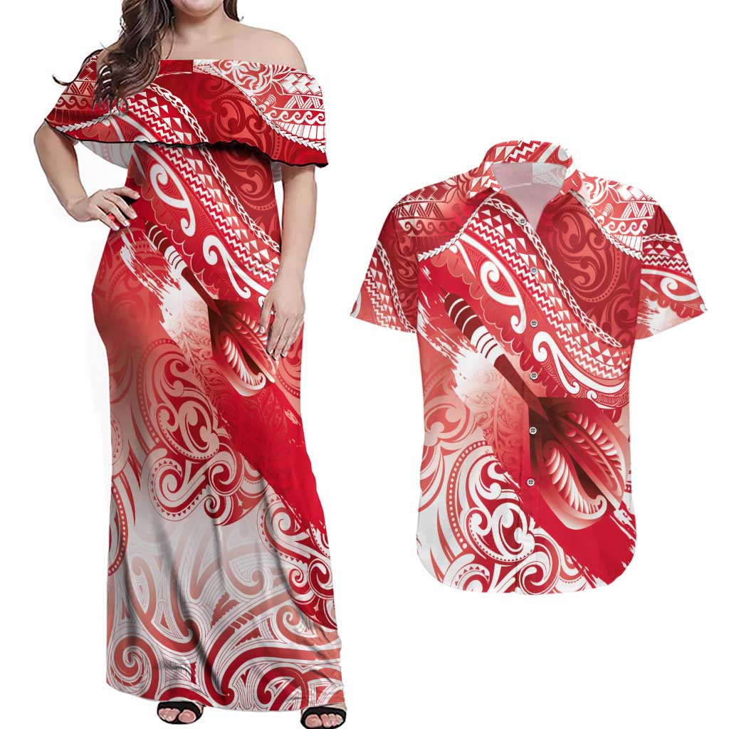 Personalised New Zealand Aotearoa Darts Masters Couples Matching Off Shoulder Maxi Dress and Hawaiian Shirt Maori Art Tattoo with Tribal Dart Symbol Red - Polynesian Pride