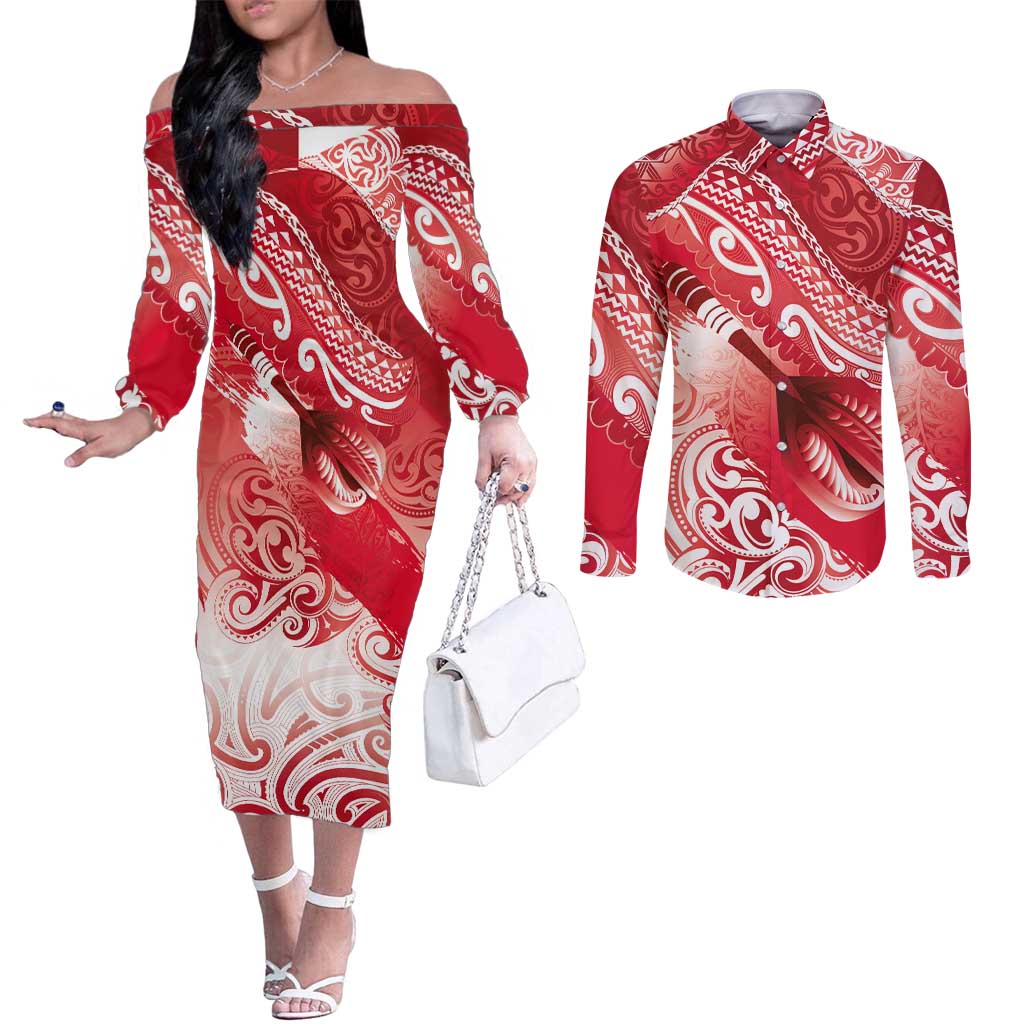 Personalised New Zealand Aotearoa Darts Masters Couples Matching Off The Shoulder Long Sleeve Dress and Long Sleeve Button Shirt Maori Art Tattoo with Tribal Dart Symbol Red - Polynesian Pride
