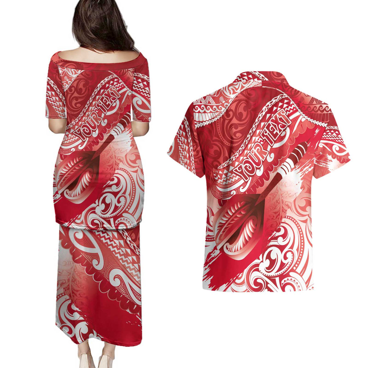 Personalised New Zealand Aotearoa Darts Masters Couples Matching Puletasi and Hawaiian Shirt Maori Art Tattoo with Tribal Dart Symbol Red - Polynesian Pride