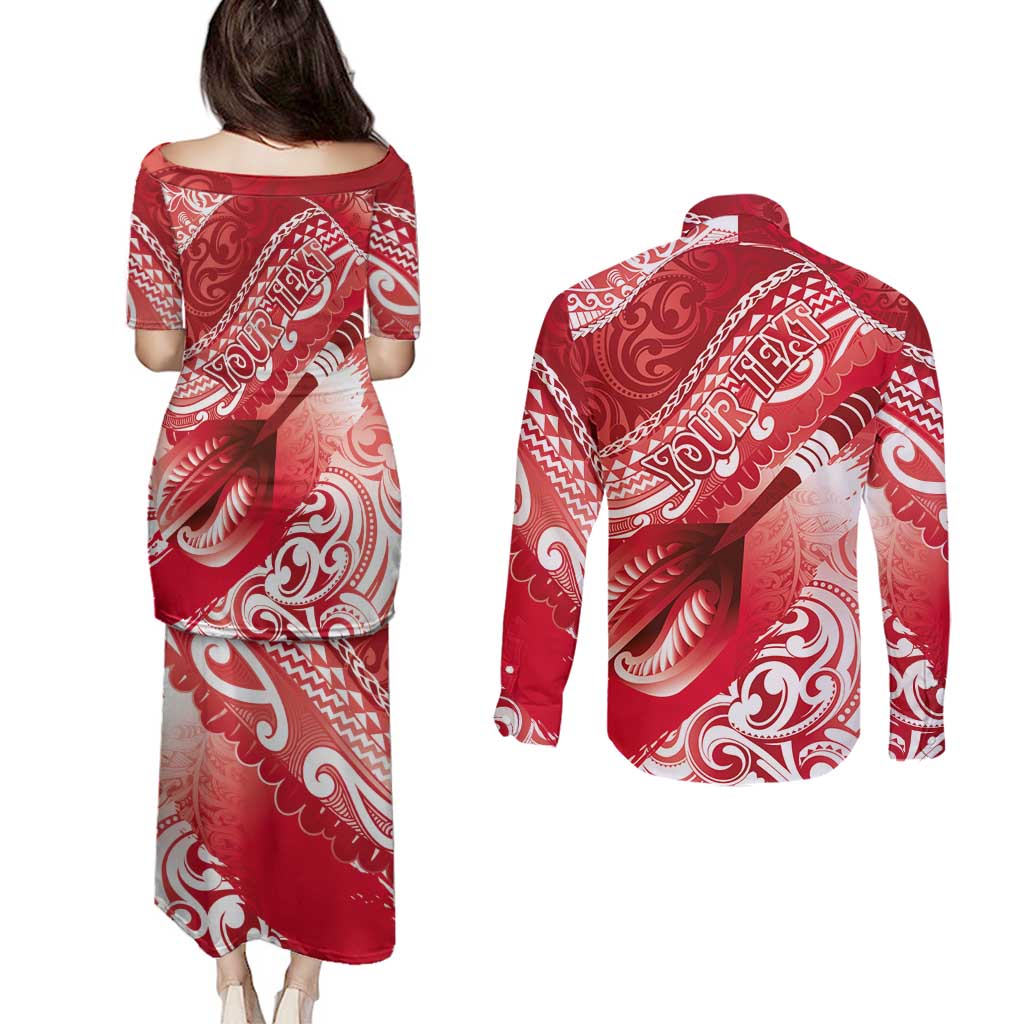 Personalised New Zealand Aotearoa Darts Masters Couples Matching Puletasi and Long Sleeve Button Shirt Maori Art Tattoo with Tribal Dart Symbol Red - Polynesian Pride
