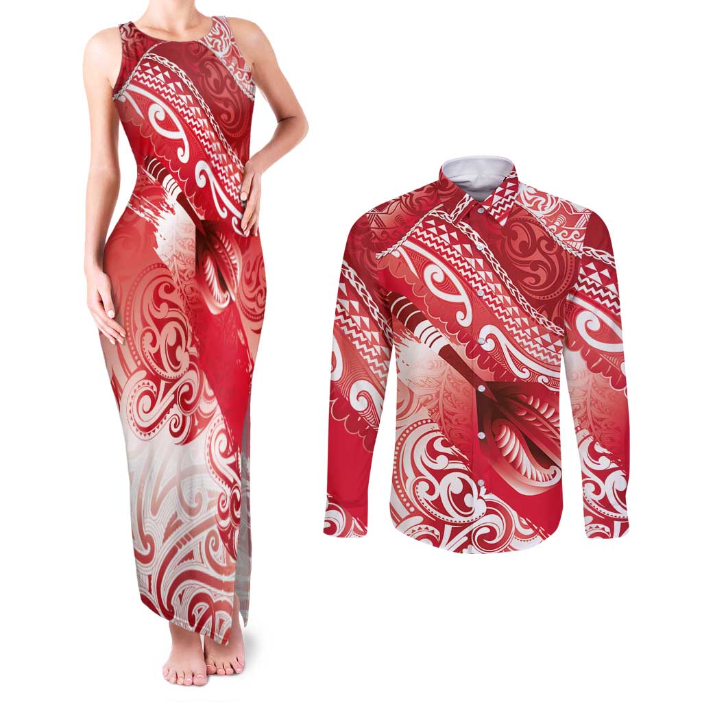 Personalised New Zealand Aotearoa Darts Masters Couples Matching Tank Maxi Dress and Long Sleeve Button Shirt Maori Art Tattoo with Tribal Dart Symbol Red - Polynesian Pride