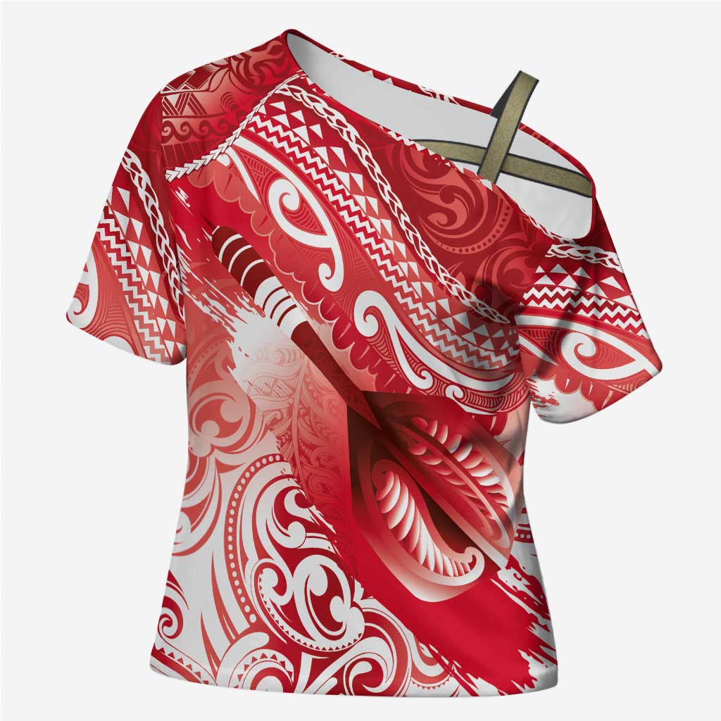 Personalised New Zealand Aotearoa Darts Masters Cross Shoulder Shirt Maori Art Tattoo with Tribal Dart Symbol Red - Polynesian Pride