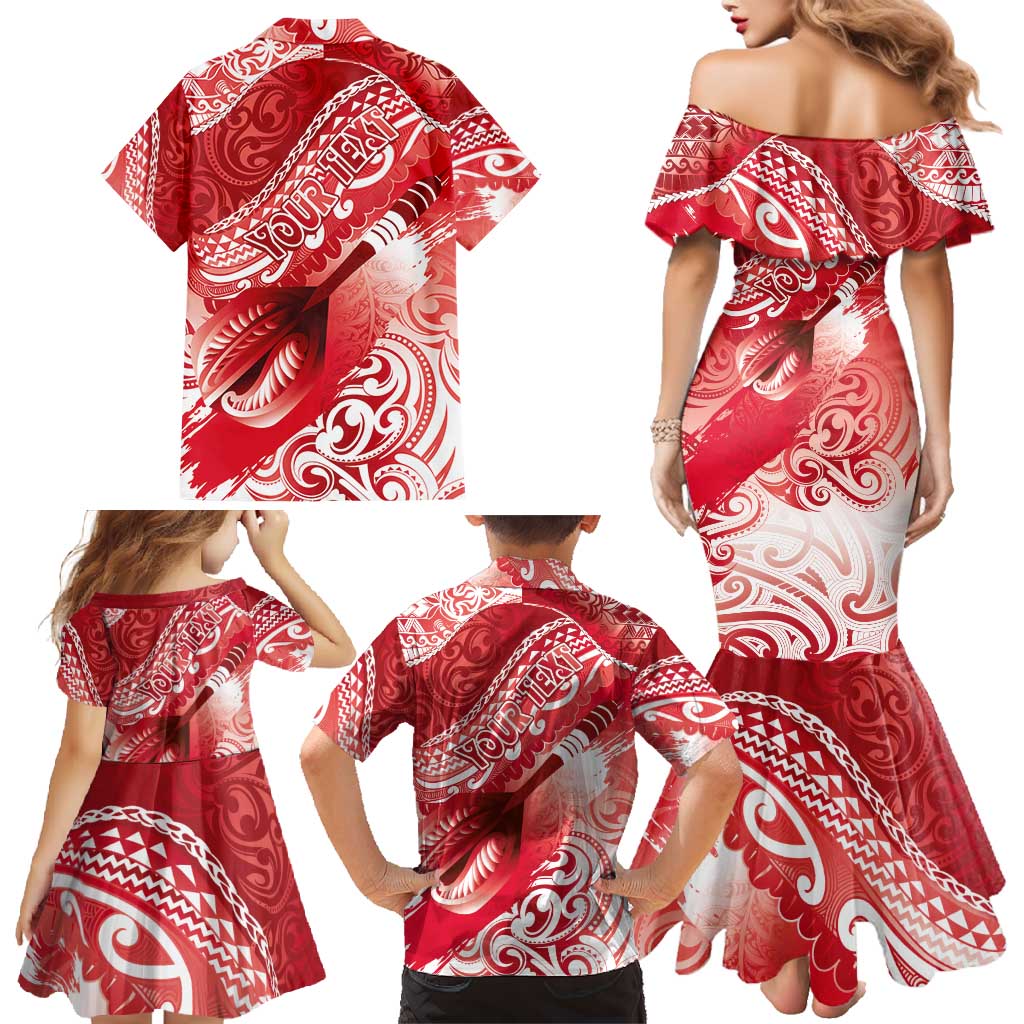 Personalised New Zealand Aotearoa Darts Masters Family Matching Mermaid Dress and Hawaiian Shirt Maori Art Tattoo with Tribal Dart Symbol Red - Polynesian Pride