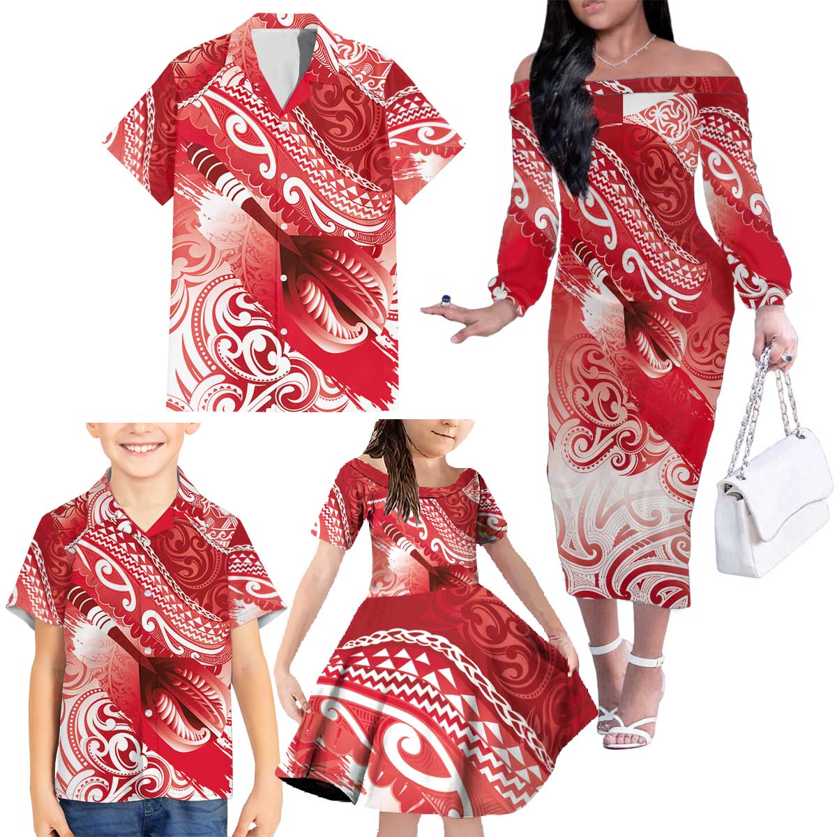 Personalised New Zealand Aotearoa Darts Masters Family Matching Off The Shoulder Long Sleeve Dress and Hawaiian Shirt Maori Art Tattoo with Tribal Dart Symbol Red - Polynesian Pride