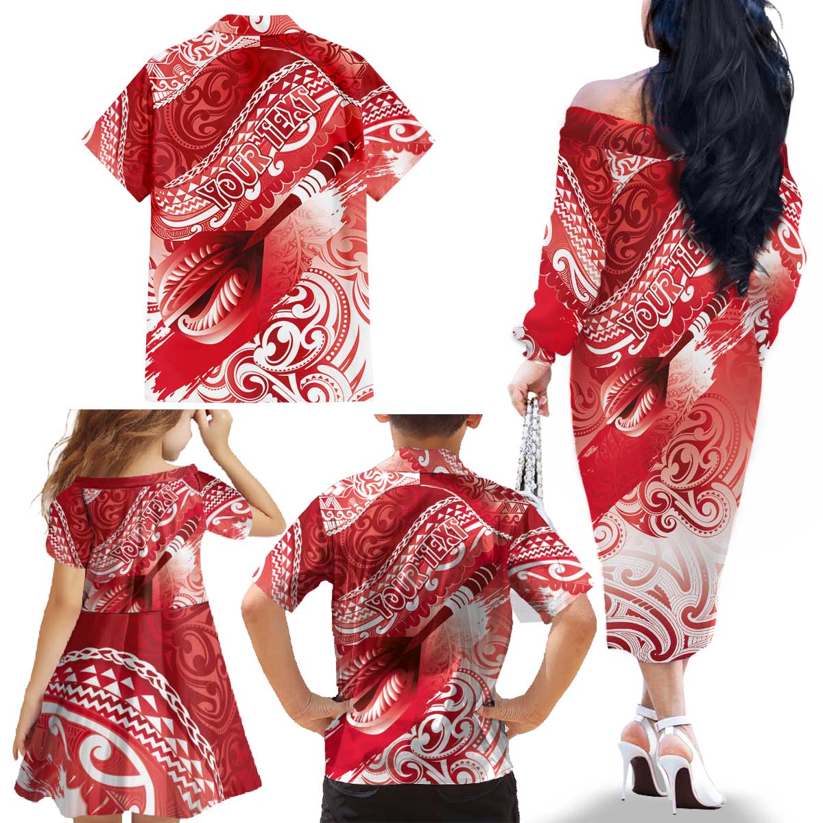 Personalised New Zealand Aotearoa Darts Masters Family Matching Off The Shoulder Long Sleeve Dress and Hawaiian Shirt Maori Art Tattoo with Tribal Dart Symbol Red - Polynesian Pride