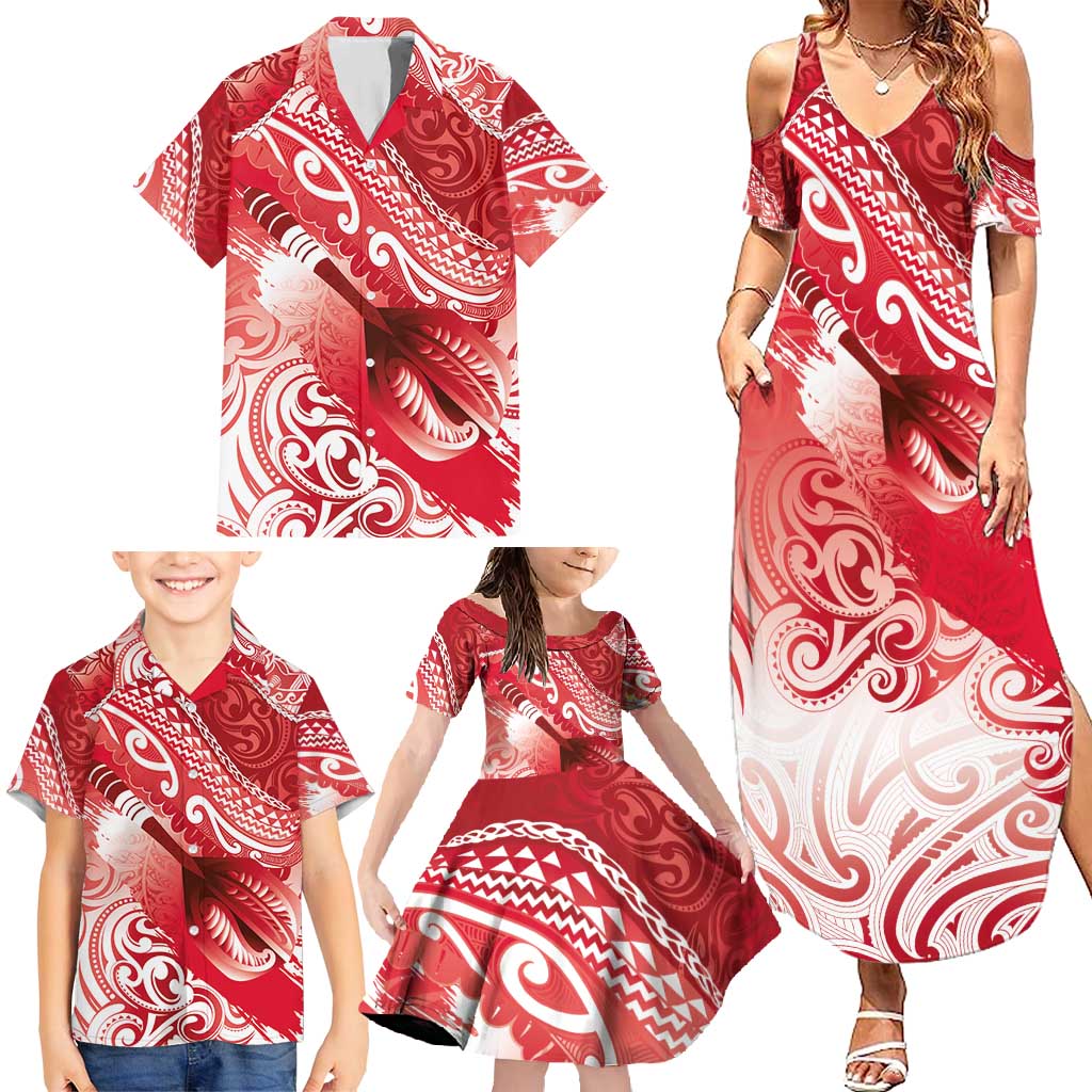 Personalised New Zealand Aotearoa Darts Masters Family Matching Summer Maxi Dress and Hawaiian Shirt Maori Art Tattoo with Tribal Dart Symbol Red - Polynesian Pride