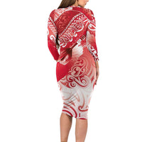 Personalised New Zealand Aotearoa Darts Masters Long Sleeve Bodycon Dress Maori Art Tattoo with Tribal Dart Symbol Red - Polynesian Pride