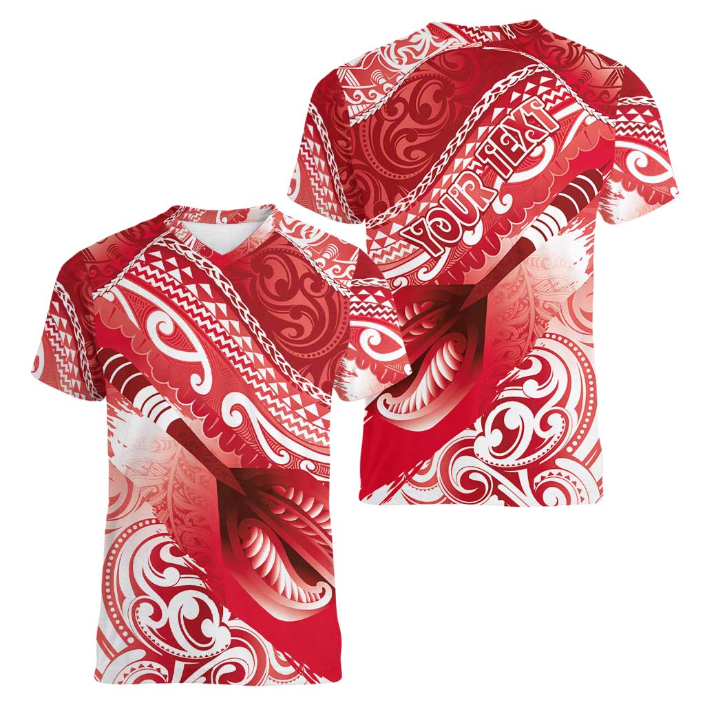 Personalised New Zealand Aotearoa Darts Masters Women V-Neck T-Shirt Maori Art Tattoo with Tribal Dart Symbol Red - Polynesian Pride
