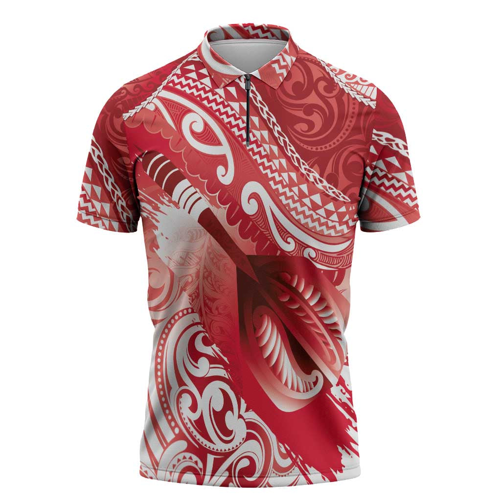 Personalised New Zealand Aotearoa Darts Masters Zipper Polo Shirt Maori Art Tattoo with Tribal Dart Symbol Red - Polynesian Pride