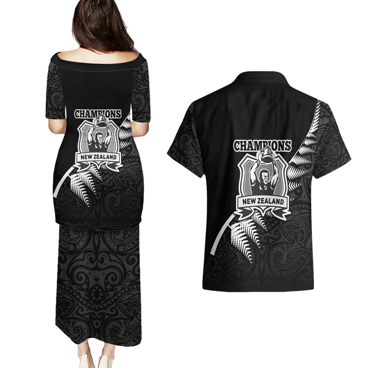 New Zealand World Cup 2023 Couples Matching Puletasi Dress and Hawaiian Shirt Aotearoa Champion Rugby with Silver Fern Maori Ethnic Pattern LT03 - Polynesian Pride