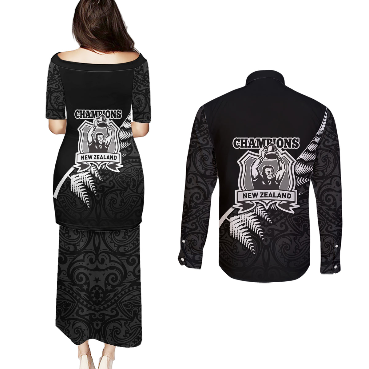 New Zealand World Cup 2023 Couples Matching Puletasi Dress and Long Sleeve Button Shirt Aotearoa Champion Rugby with Silver Fern Maori Ethnic Pattern LT03 - Polynesian Pride