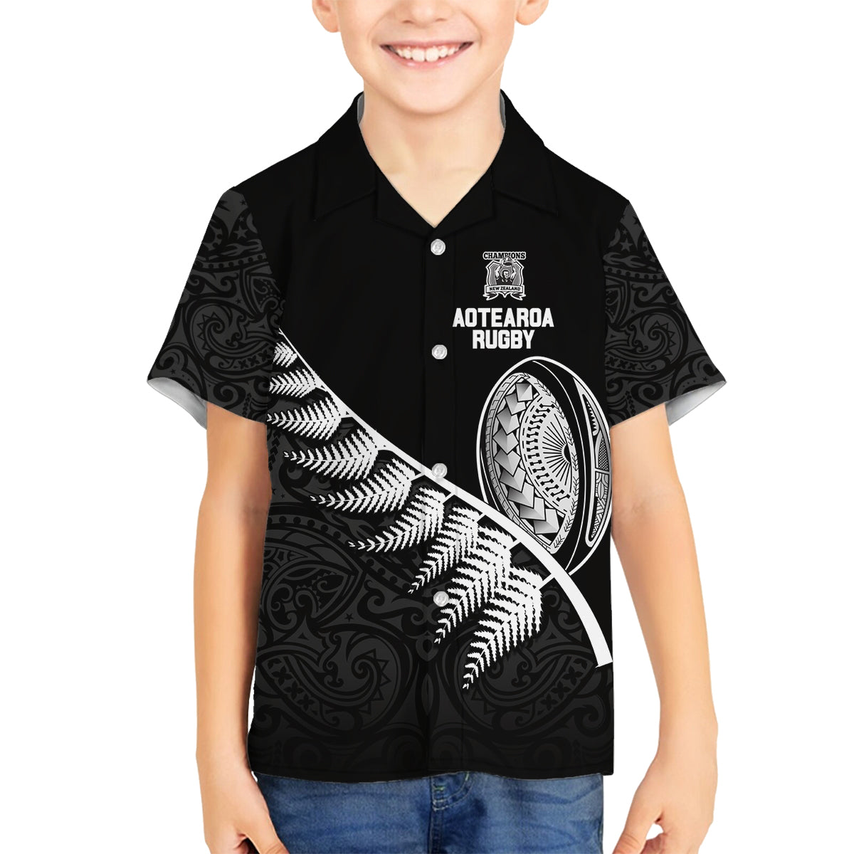 New Zealand World Cup 2023 Family Matching Off Shoulder Maxi Dress and Hawaiian Shirt Aotearoa Champion Rugby with Silver Fern Maori Ethnic Pattern LT03 Son's Shirt Black - Polynesian Pride