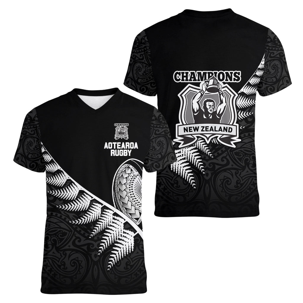 New Zealand World Cup 2023 Women V Neck T Shirt Aotearoa Champion Rugby with Silver Fern Maori Ethnic Pattern LT03 - Polynesian Pride