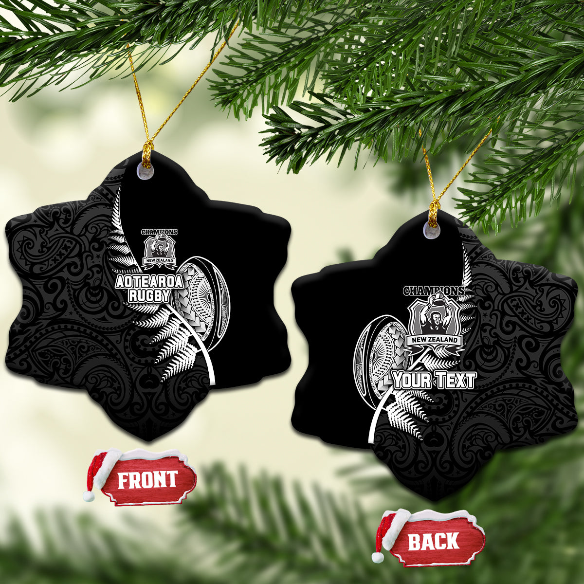 Custom New Zealand World Cup 2023 Ceramic Ornament Aotearoa Champion Rugby with Silver Fern Maori Ethnic Pattern LT03 - Polynesian Pride