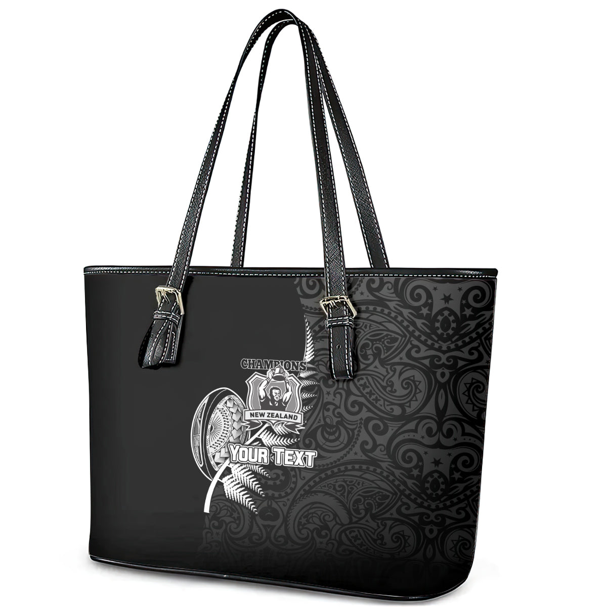Custom New Zealand World Cup 2023 Leather Tote Bag Aotearoa Champion Rugby with Silver Fern Maori Ethnic Pattern LT03 - Polynesian Pride