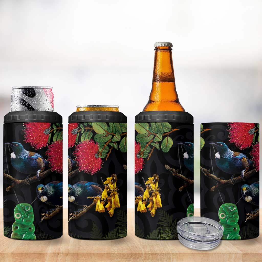 New Zealand Tui 4 in 1 Can Cooler Tumbler Guardians of the Hei Tiki - Maori Art and Plants