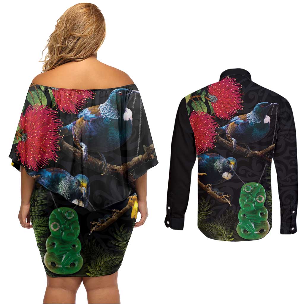 New Zealand Tui Couples Matching Off Shoulder Short Dress and Long Sleeve Button Shirt Guardians of the Hei Tiki - Maori Art and Plants