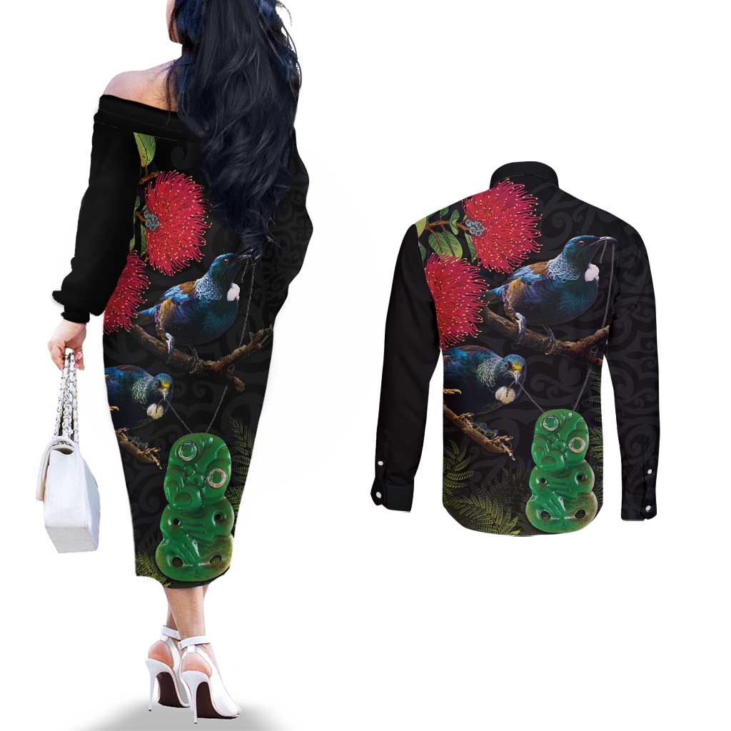 New Zealand Tui Couples Matching Off The Shoulder Long Sleeve Dress and Long Sleeve Button Shirt Guardians of the Hei Tiki - Maori Art and Plants