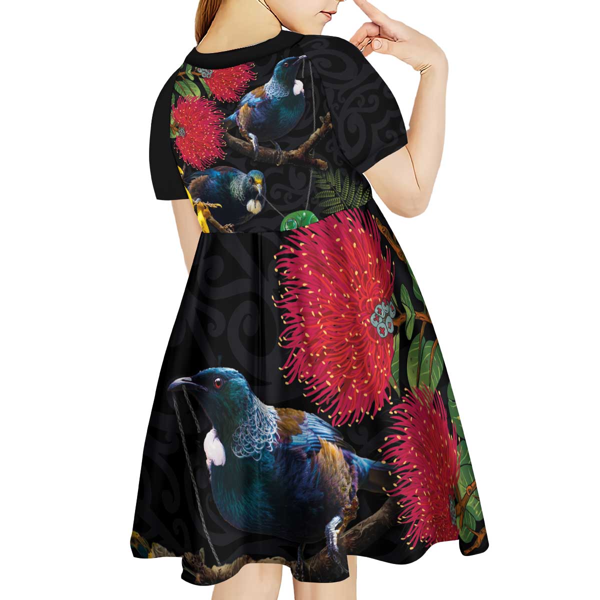 New Zealand Tui Kid Short Sleeve Dress Guardians of the Hei Tiki - Maori Art and Plants