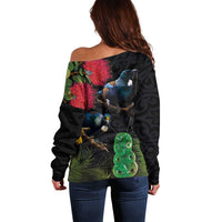 New Zealand Tui Off Shoulder Sweater Guardians of the Hei Tiki - Maori Art and Plants