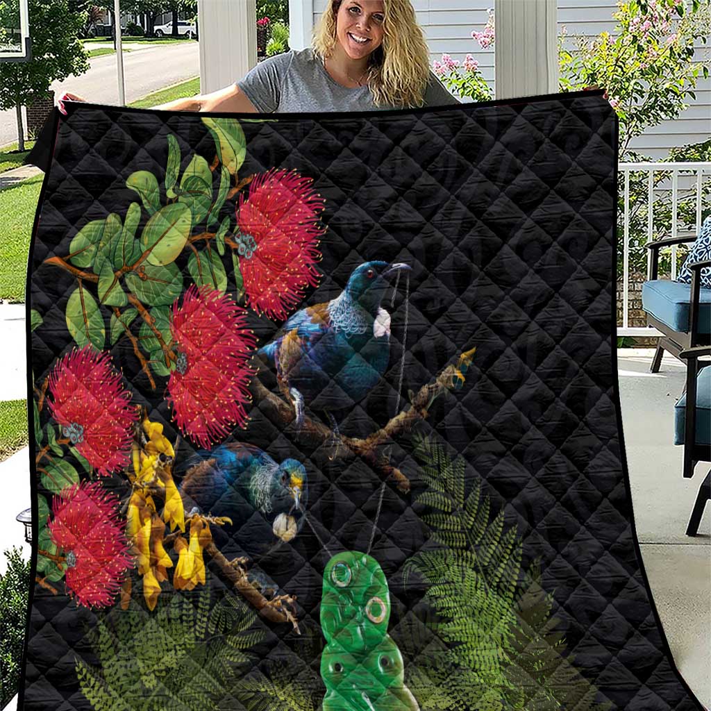 New Zealand Tui Quilt Guardians of the Hei Tiki - Maori Art and Plants LT03 Black - Polynesian Pride