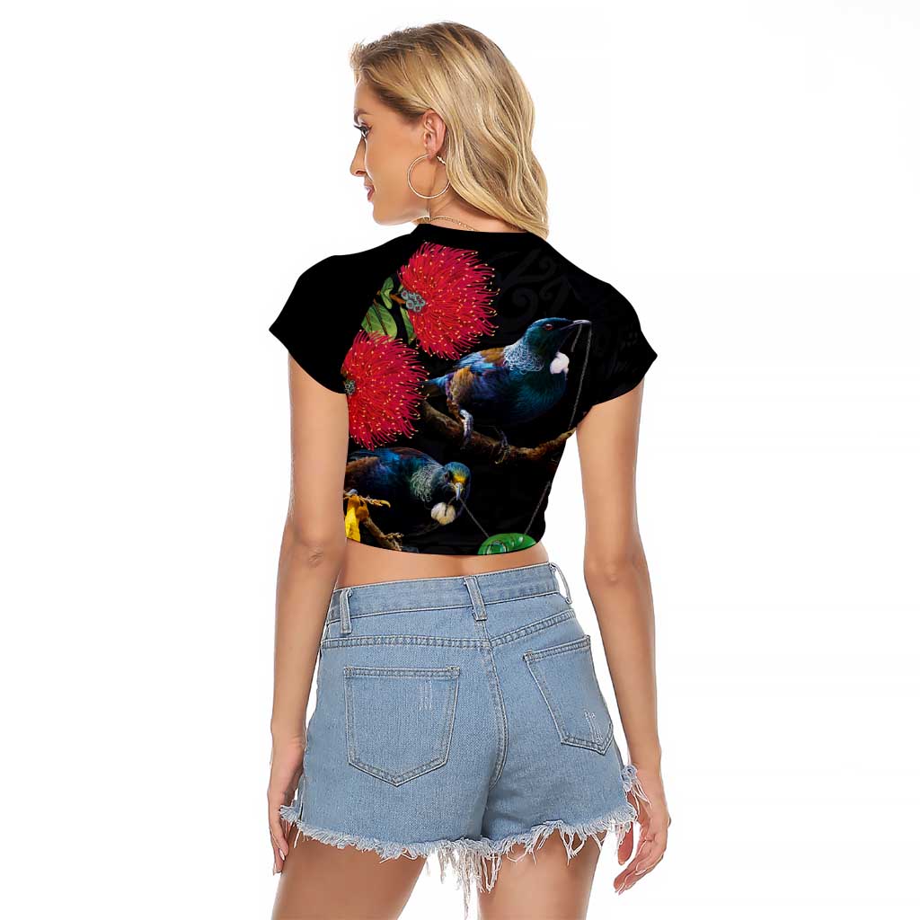New Zealand Tui Raglan Cropped T Shirt Guardians of the Hei Tiki - Maori Art and Plants