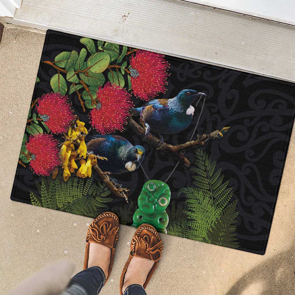 New Zealand Tui Rubber Doormat Guardians of the Hei Tiki - Maori Art and Plants