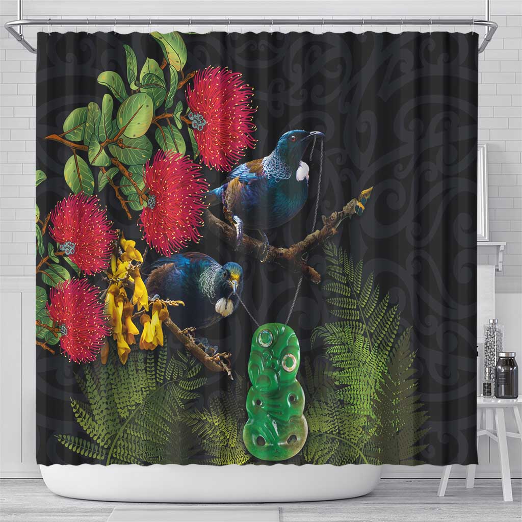 New Zealand Tui Shower Curtain Guardians of the Hei Tiki - Maori Art and Plants