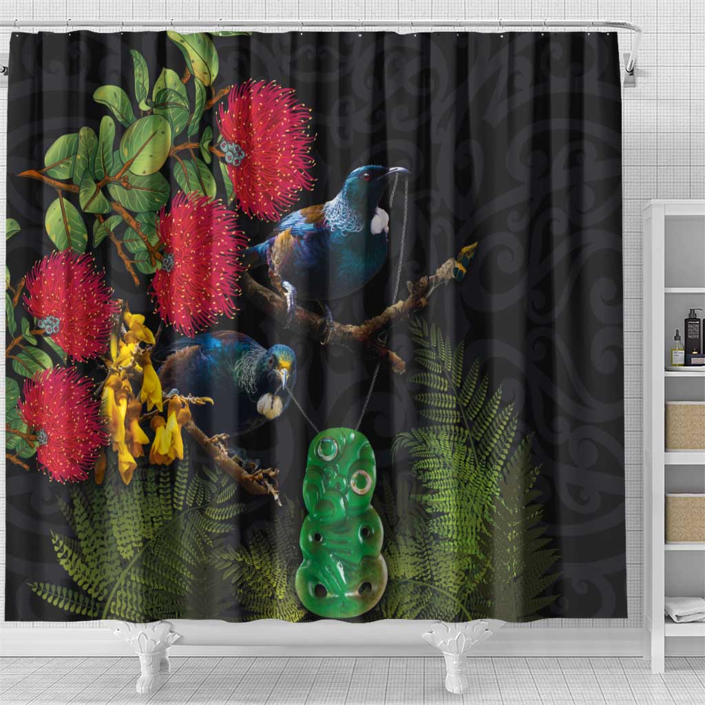 New Zealand Tui Shower Curtain Guardians of the Hei Tiki - Maori Art and Plants