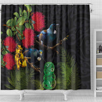 New Zealand Tui Shower Curtain Guardians of the Hei Tiki - Maori Art and Plants