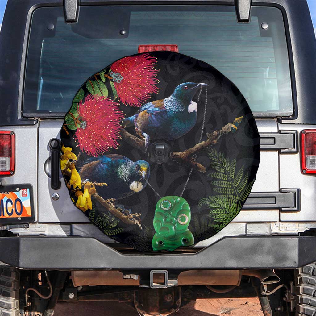 New Zealand Tui Spare Tire Cover Guardians of the Hei Tiki - Maori Art and Plants LT03 Black - Polynesian Pride