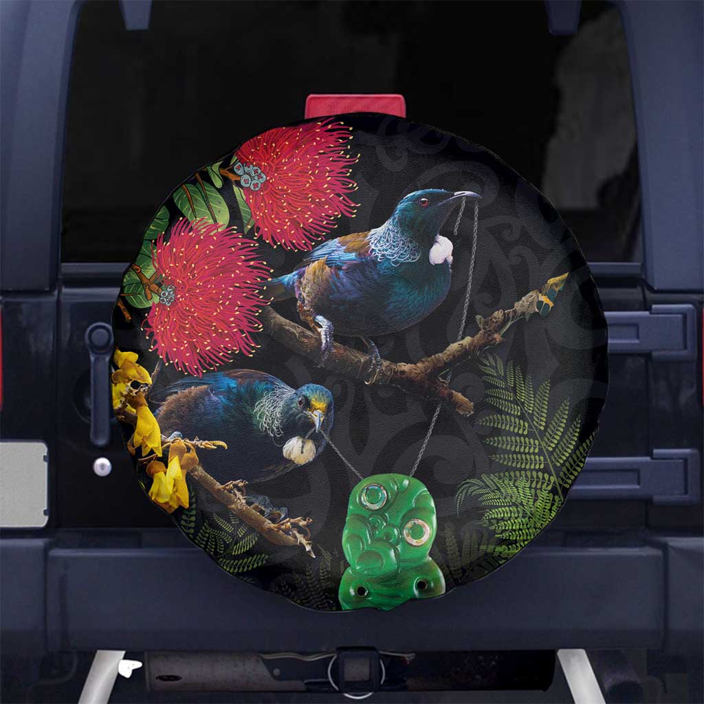 New Zealand Tui Spare Tire Cover Guardians of the Hei Tiki - Maori Art and Plants LT03 - Polynesian Pride