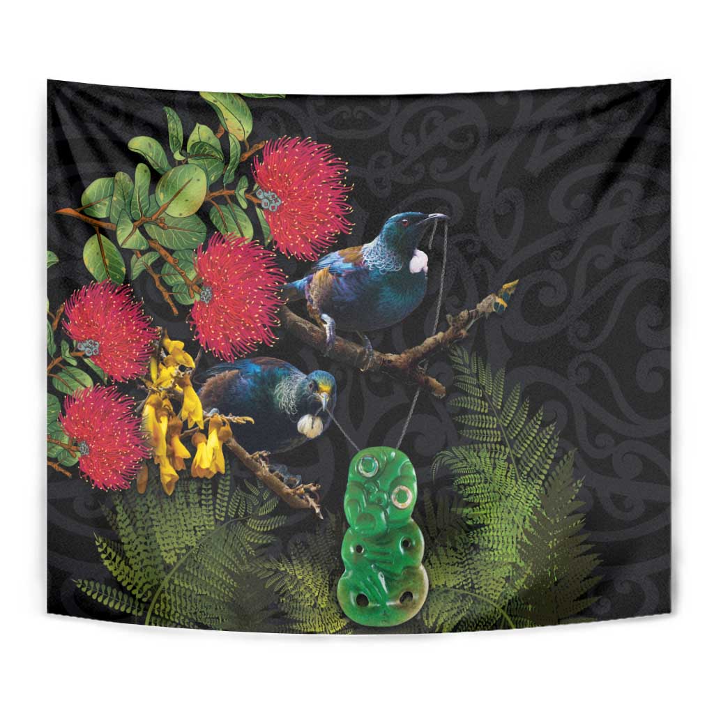 New Zealand Tui Tapestry Guardians of the Hei Tiki - Maori Art and Plants