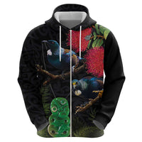 New Zealand Tui Zip Hoodie Guardians of the Hei Tiki - Maori Art and Plants