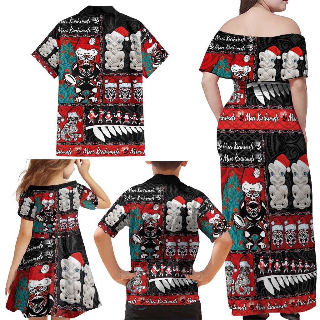 New Zealand Christmas Family Matching Off Shoulder Maxi Dress and Hawaiian Shirt Maori Christmas Spirit - Meri Kirihimete