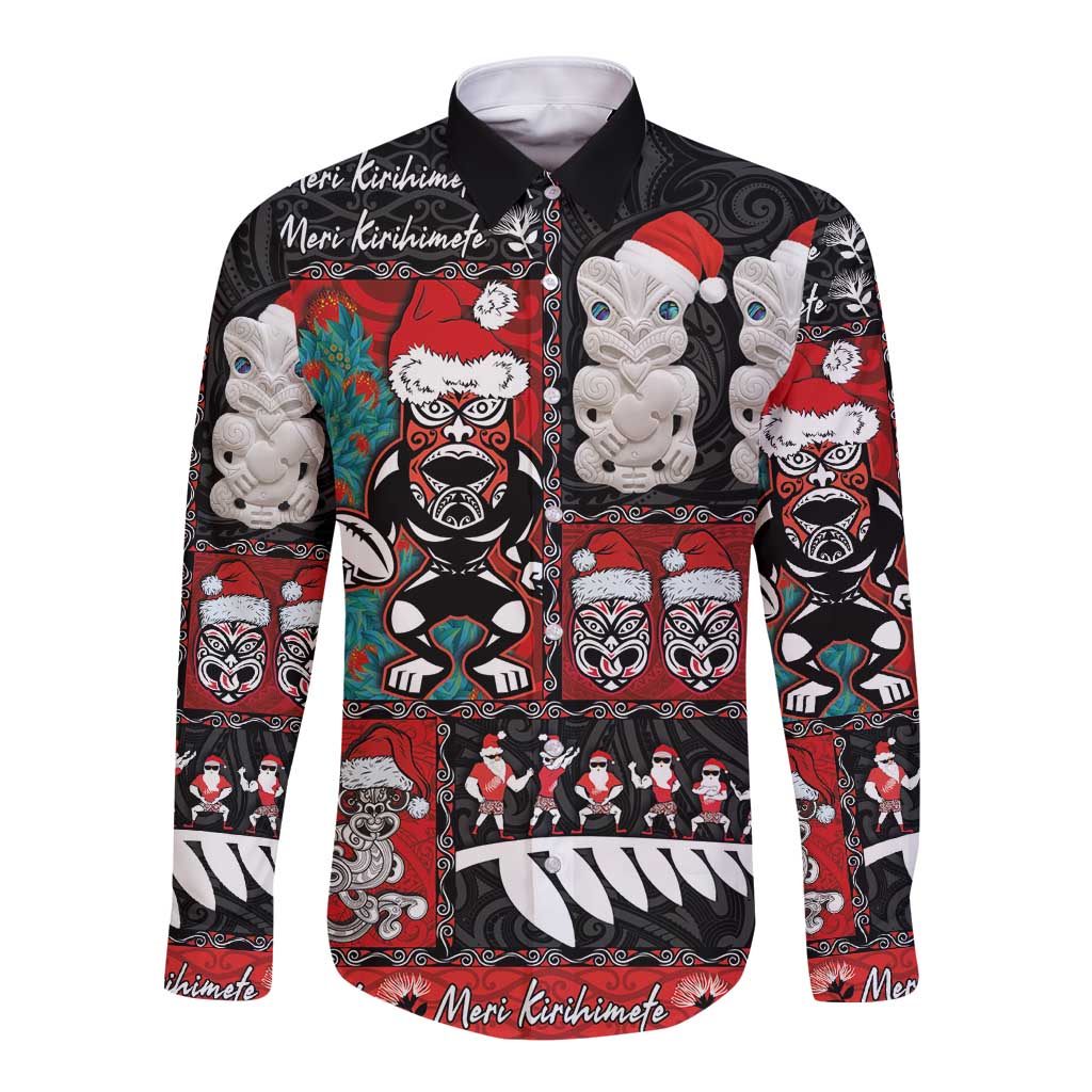 New Zealand Christmas Long Sleeve Button Shirt Maori Christmas Spirit - Meri Kirihimete