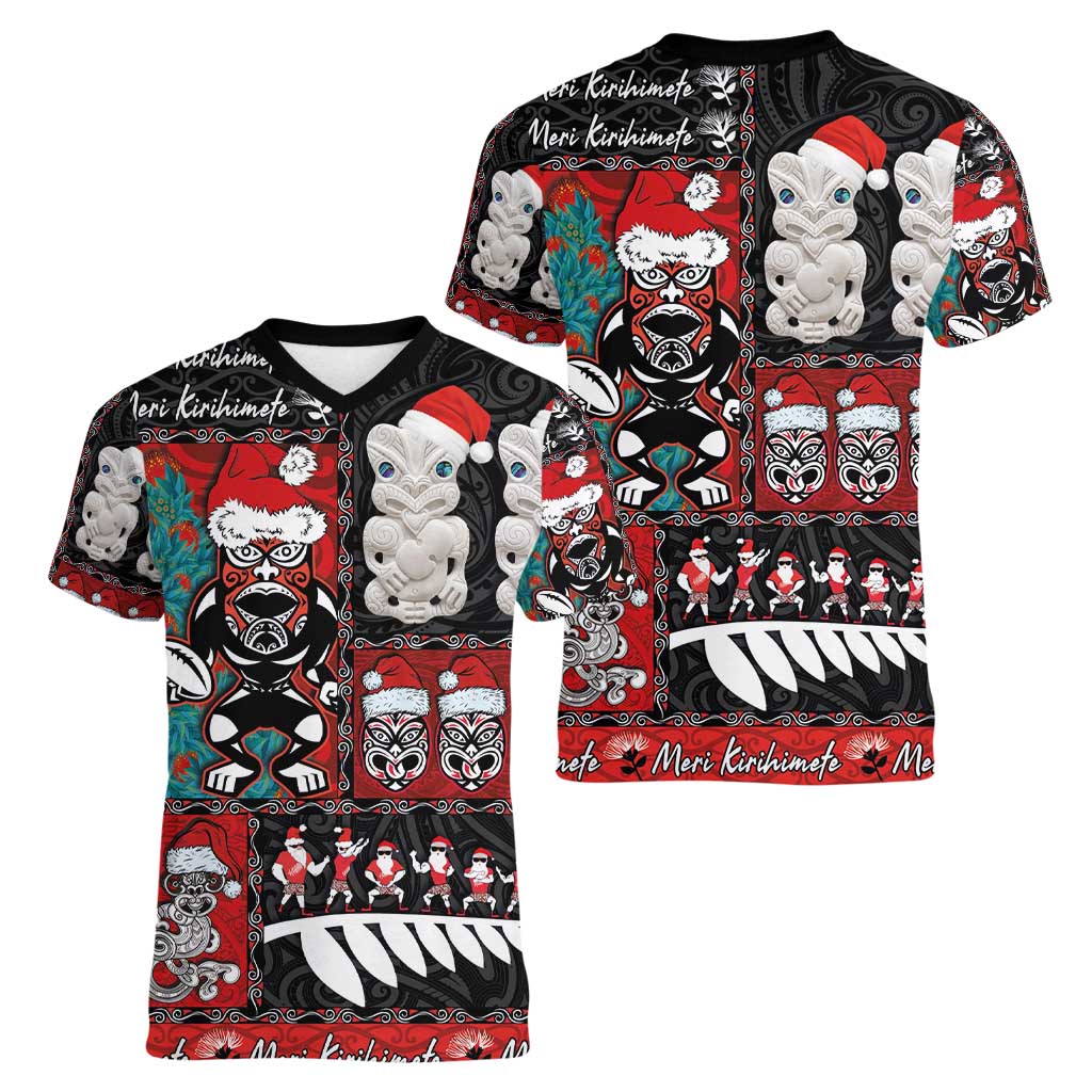 New Zealand Christmas Women V-Neck T-Shirt Maori Christmas Spirit - Meri Kirihimete