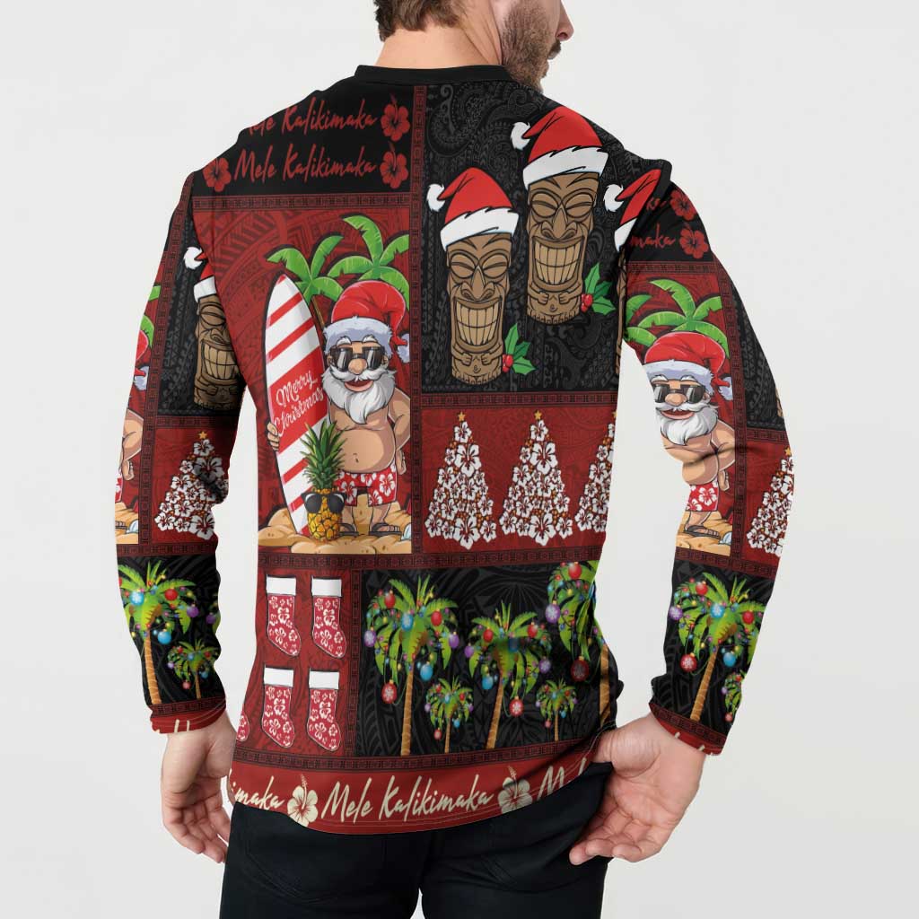 Hawaiian Christmas Button Sweatshirt - Mele Kalikimaka Island Holiday Vibes - Black Red