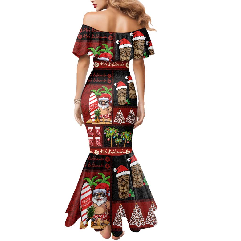 Hawaiian Christmas Family Matching Mermaid Dress and Hawaiian Shirt - Mele Kalikimaka Island Holiday Vibes - Black Red