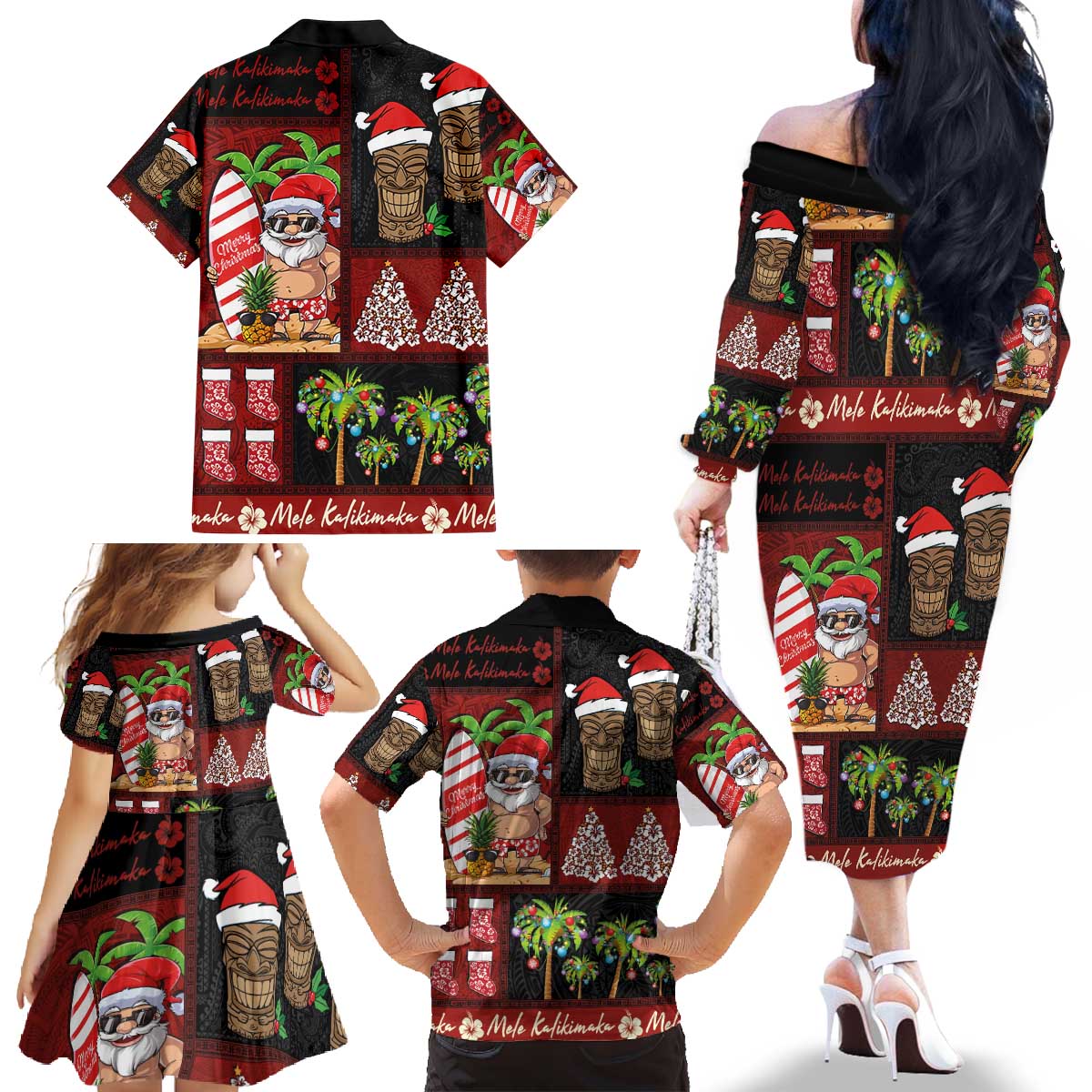 Hawaiian Christmas Family Matching Off The Shoulder Long Sleeve Dress and Hawaiian Shirt - Mele Kalikimaka Island Holiday Vibes - Black Red